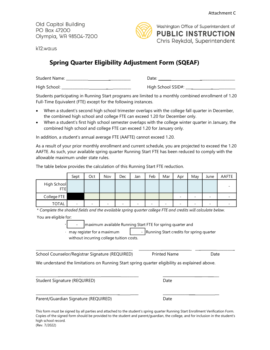 Attachment C Spring Quarter Eligibility Adjustment Form (Sqeaf) - Washington, Page 1