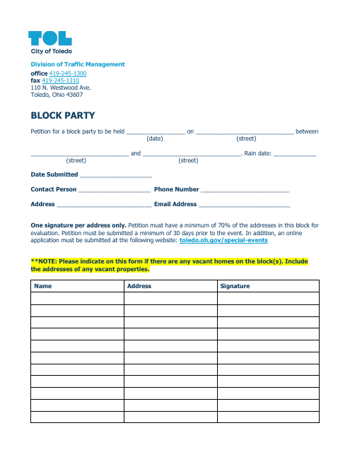 Block Party Petition - City of Toledo, Ohio Download Pdf