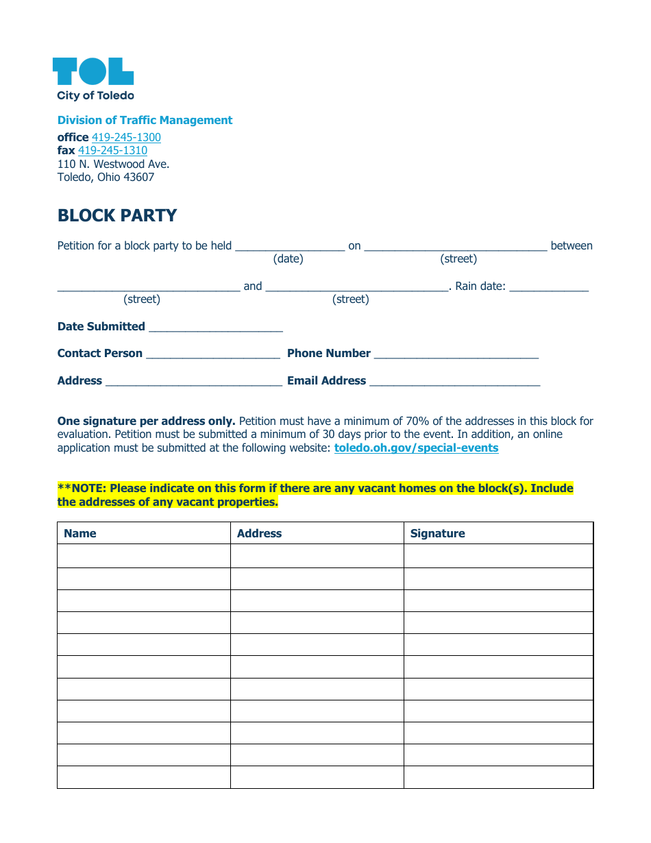 Block Party Petition - City of Toledo, Ohio, Page 1