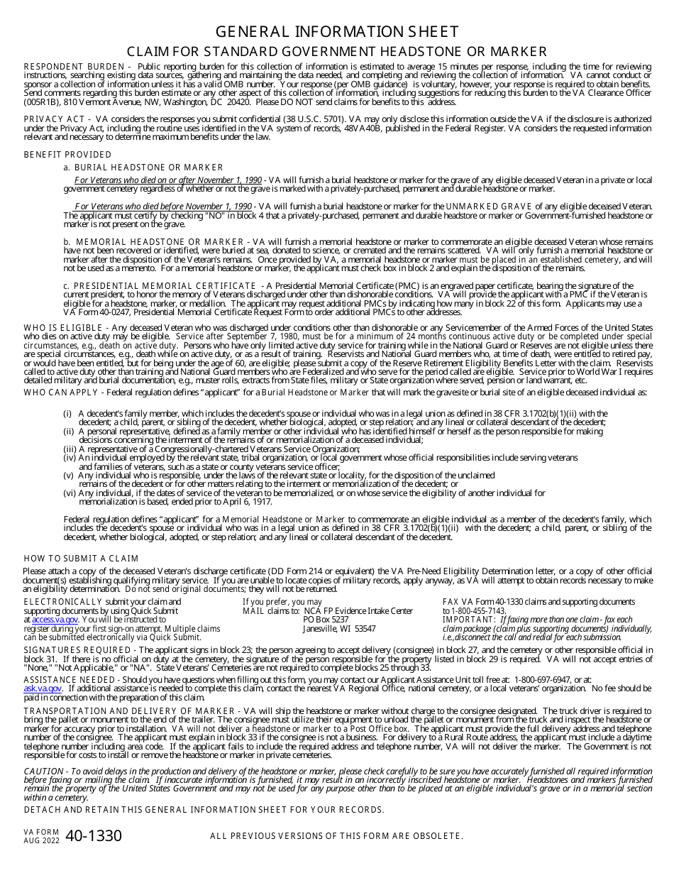 VA Form 40-1330 Claim for Standard Government Headstone or Marker, Page 1