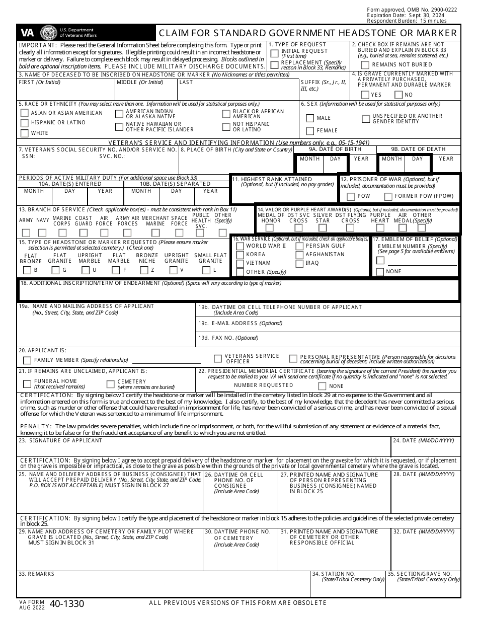 VA Form 401330 Download Fillable PDF or Fill Online Claim for Standard