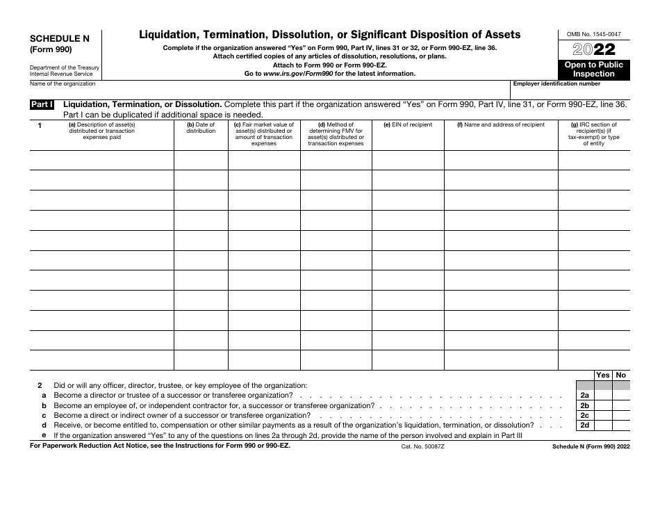 IRS Form 990 Schedule N Liquidation, Termination, Dissolution, or Significant Disposition of Assets, Page 1