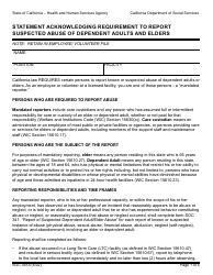 Document preview: Form SOC341A Statement Acknowledging Requirement to Report Suspected Abuse of Dependent Adults and Elders - California