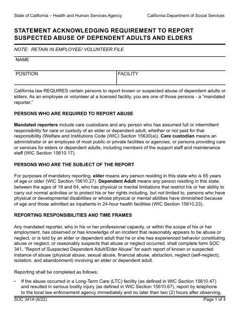 Form SOC341A Statement Acknowledging Requirement to Report Suspected Abuse of Dependent Adults and Elders - California