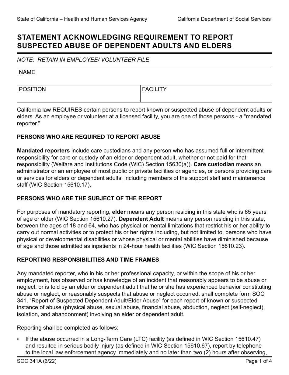Form SOC341A Statement Acknowledging Requirement to Report Suspected Abuse of Dependent Adults and Elders - California, Page 1