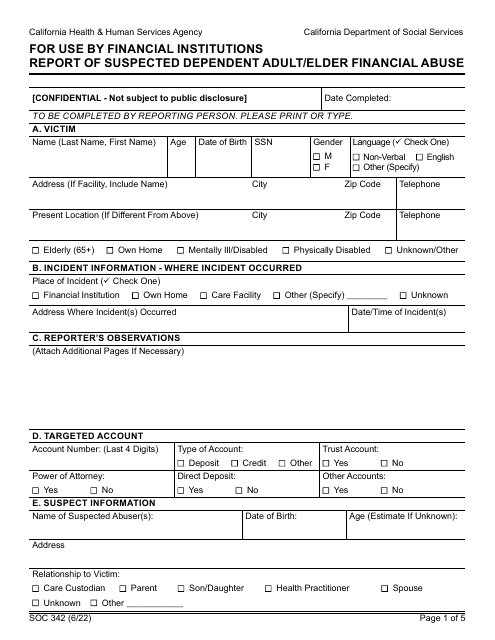 Form SOC342 Report of Suspected Dependent Adult/Elder Financial Abuse - for Use by Financial Institutions - California