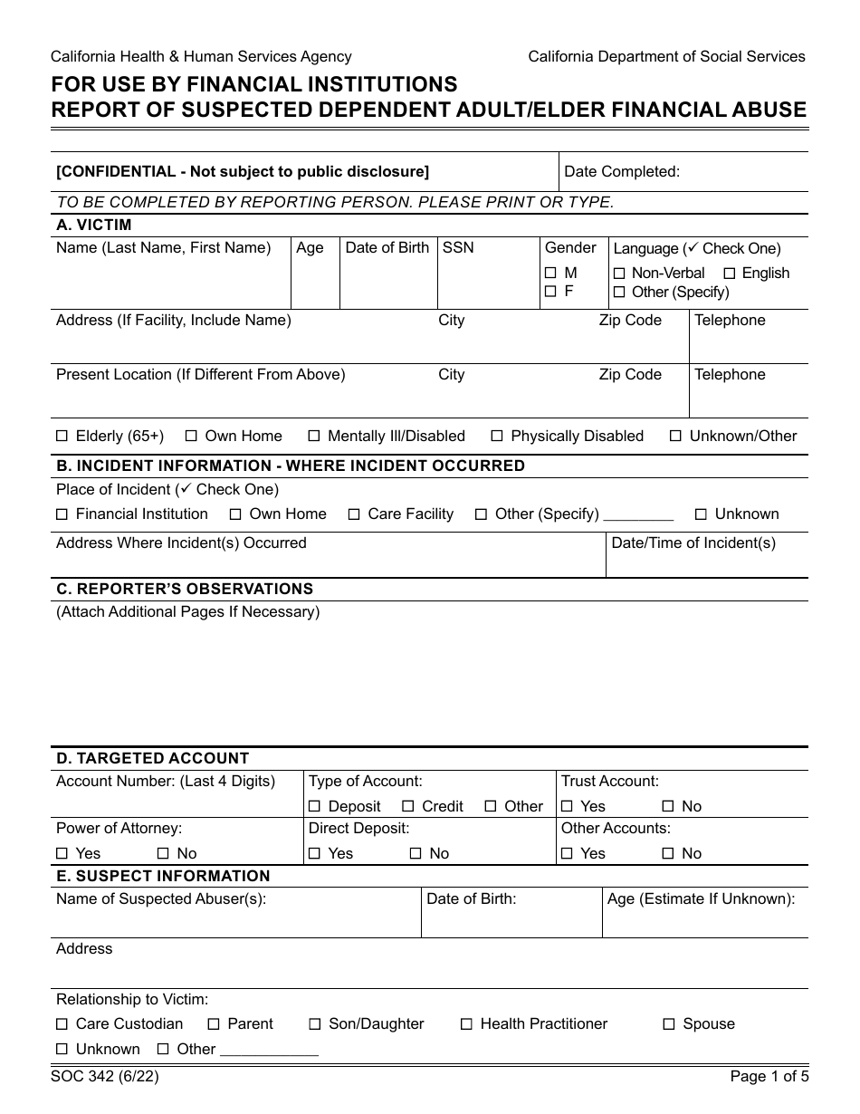 Form SOC342 Report of Suspected Dependent Adult / Elder Financial Abuse - for Use by Financial Institutions - California, Page 1