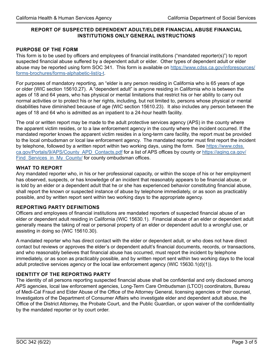 Form SOC342 Report of Suspected Dependent Adult / Elder Financial Abuse - for Use by Financial Institutions - California, Page 3