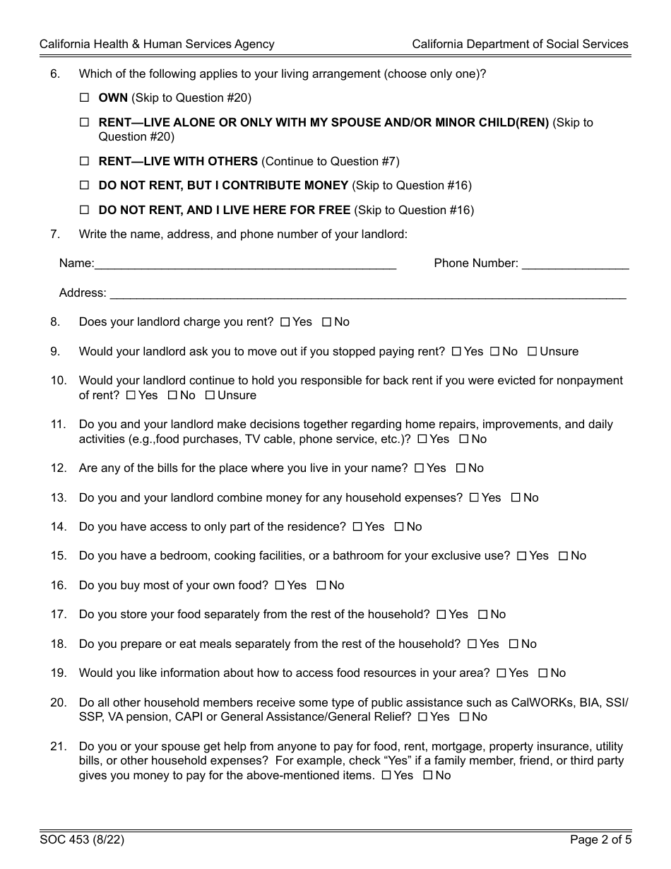 Form SOC453 Statement of Household Expenses and Contributions - Cash Assistance Program for Immigrants (Capi) - California, Page 2