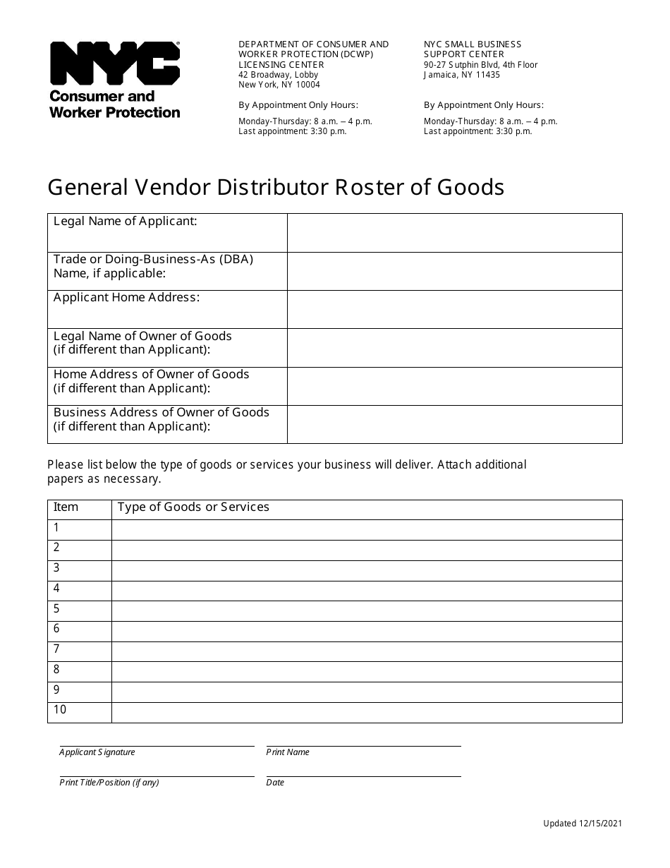 General Vendor Distributor Roster of Goods - New York City, Page 1