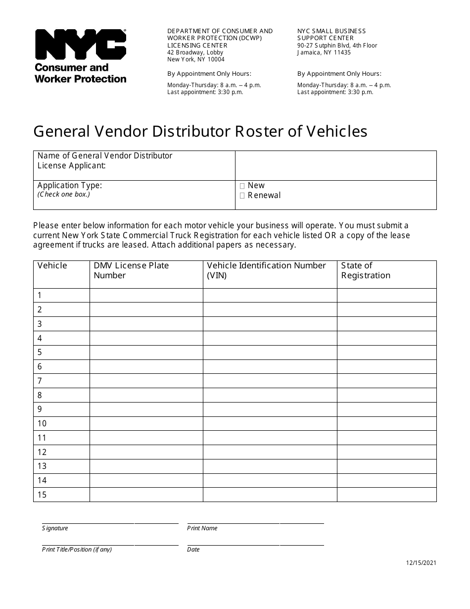 New York City General Vendor Distributor Roster of Vehicles Download