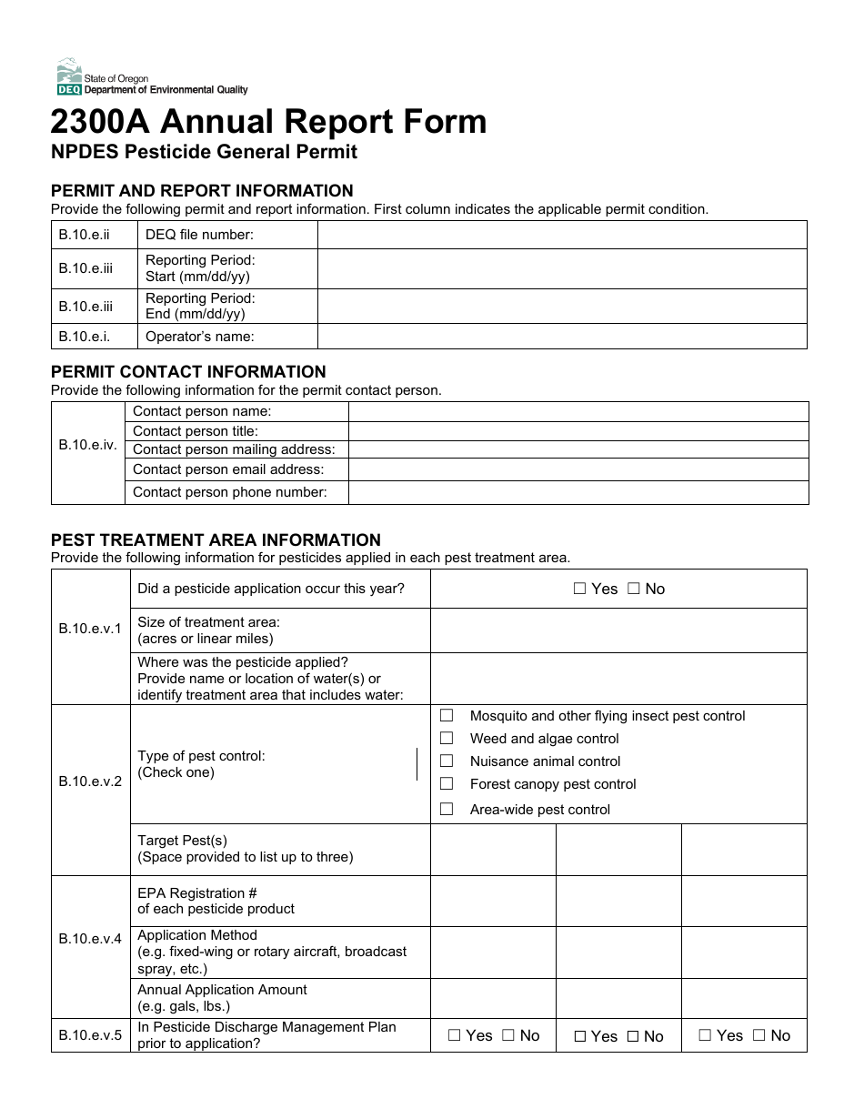 2300a Annual Report Form - Npdes Pesticide General Permit - Oregon, Page 1