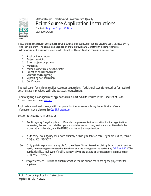 Instructions for Point Source Project Loan Application (Design and Construction Projects) - Oregon