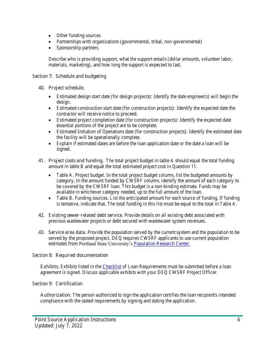 Instructions for Point Source Project Loan Application (Design and Construction Projects) - Oregon, Page 6