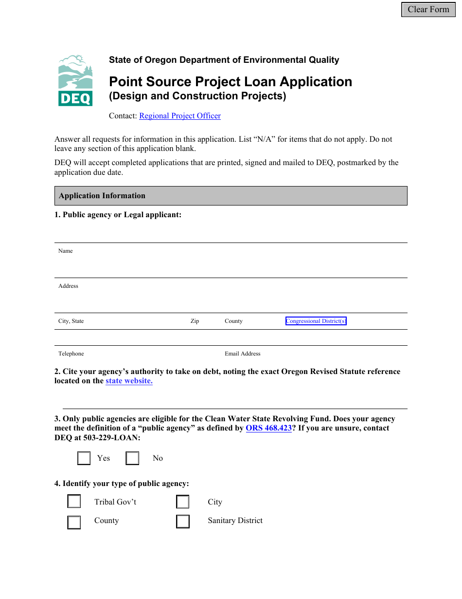 Point Source Project Loan Application (Design and Construction Projects) - Oregon, Page 1