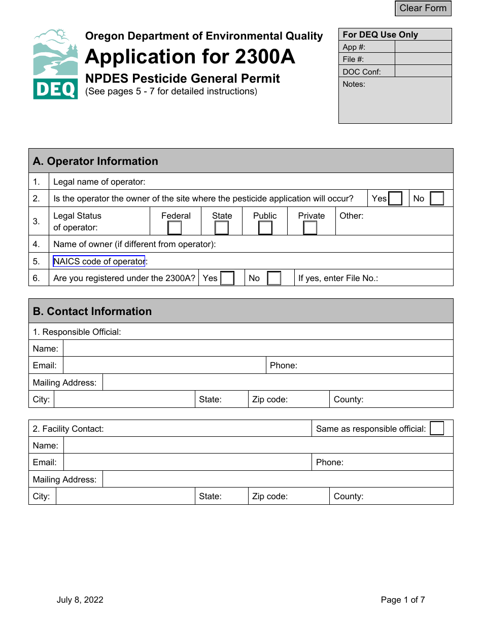 Application for 2300a Npdes Pesticide General Permit - Oregon, Page 1