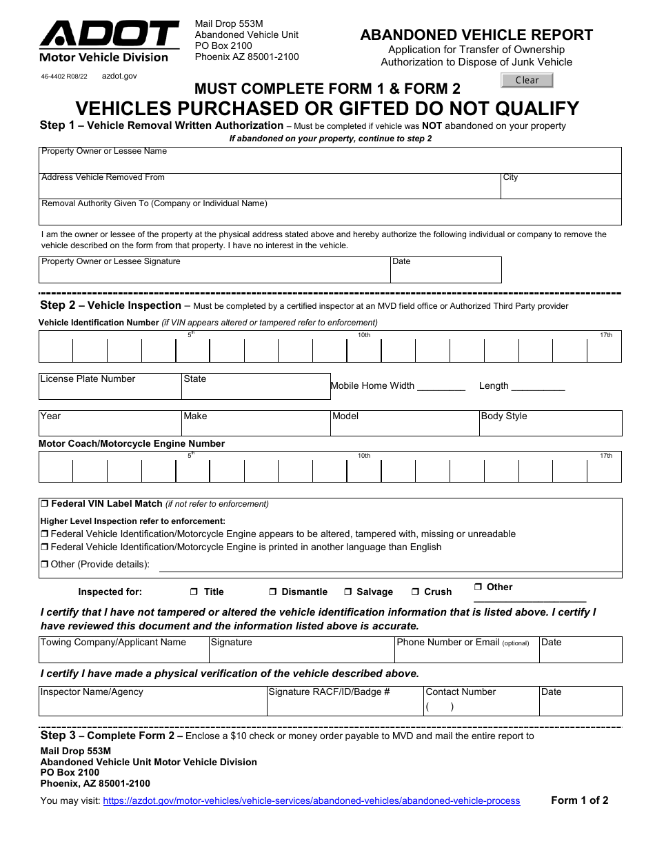 Form 46-4402 Abandoned Vehicle Report - Arizona, Page 1