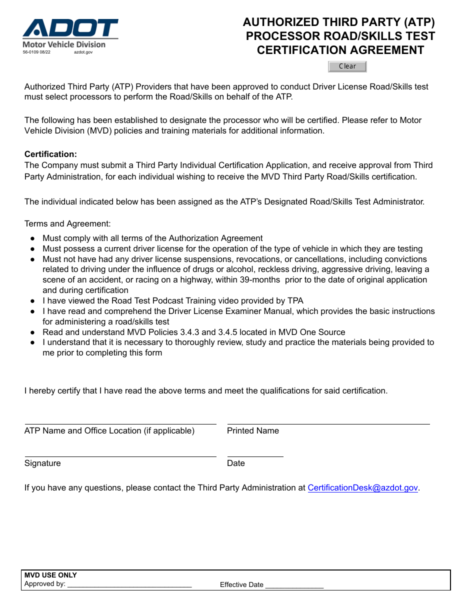 Form 56-0109 Authorized Third Party (ATP) Processor Road / Skills Test Certification Agreement - Arizona, Page 1