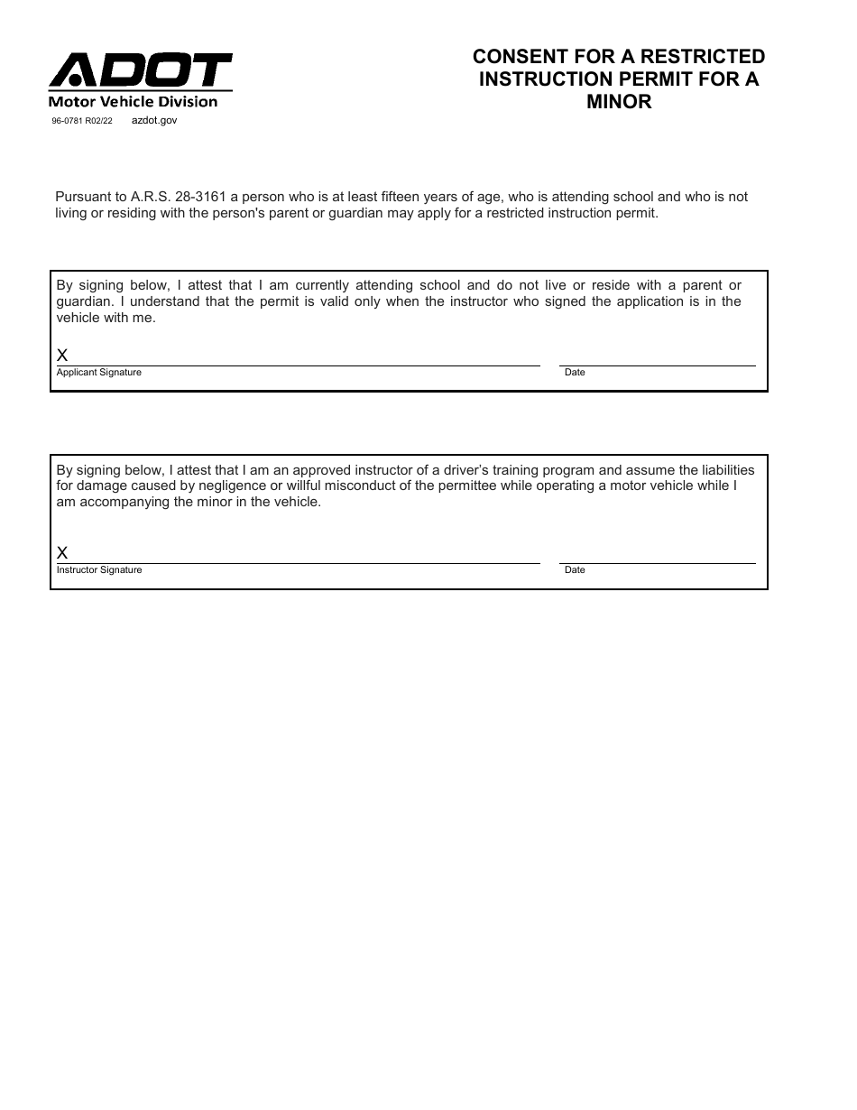 Form 96-0781 Consent for a Restricted Instruction Permit for a Minor - Arizona, Page 1