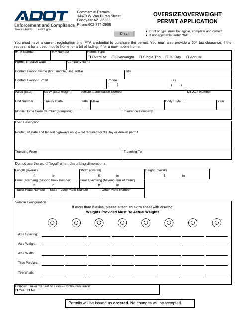 Form 70-0001 Oversize/Overweight Permit Application - Arizona