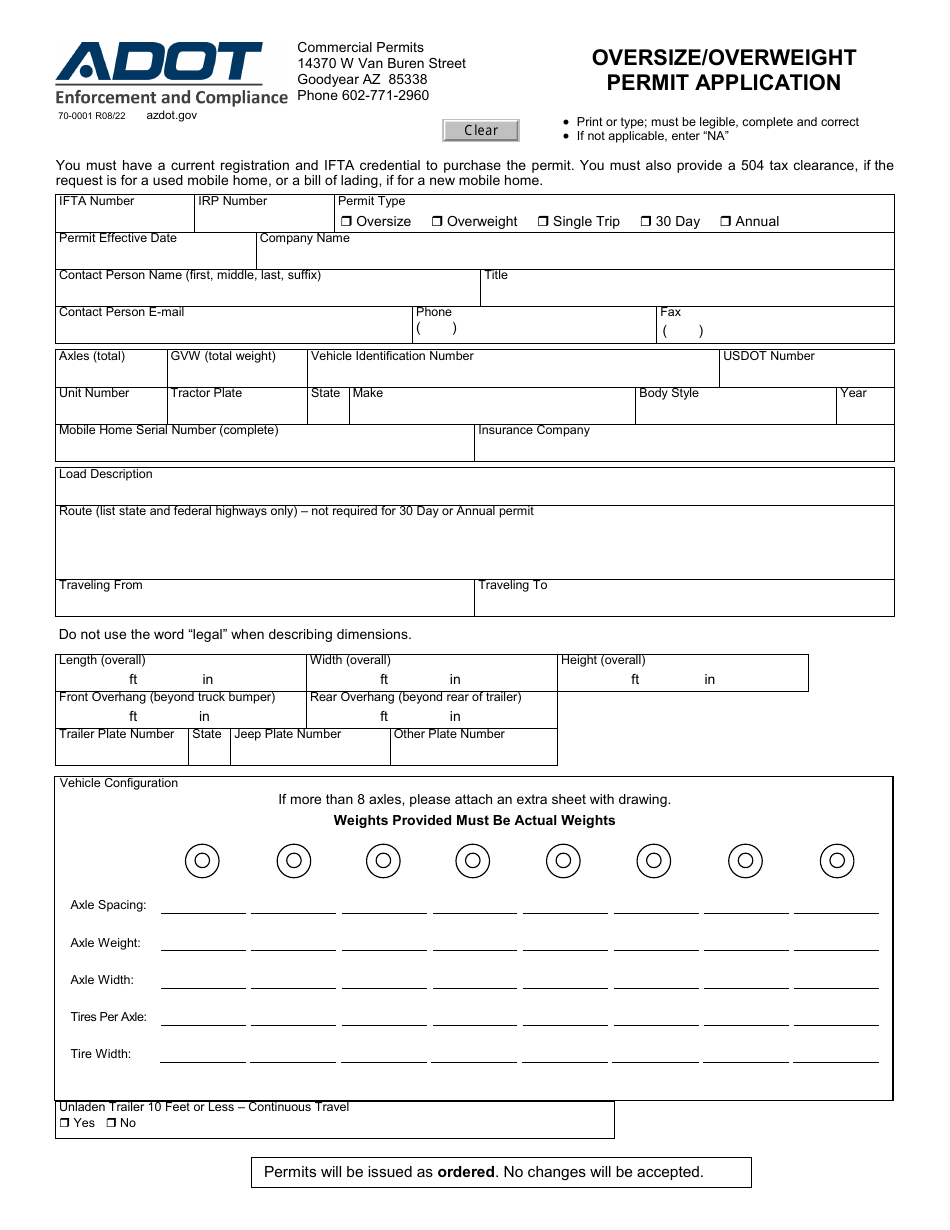 Form 70-0001 Oversize / Overweight Permit Application - Arizona, Page 1