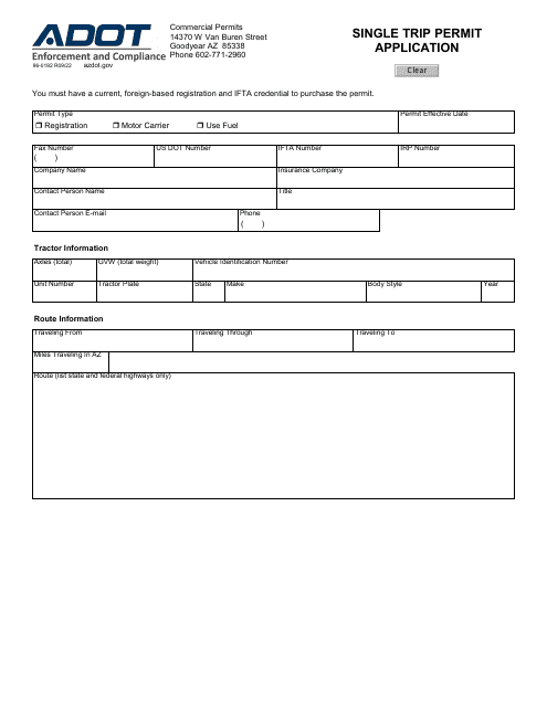 Form 96-0192 Single Trip Permit Application - Arizona