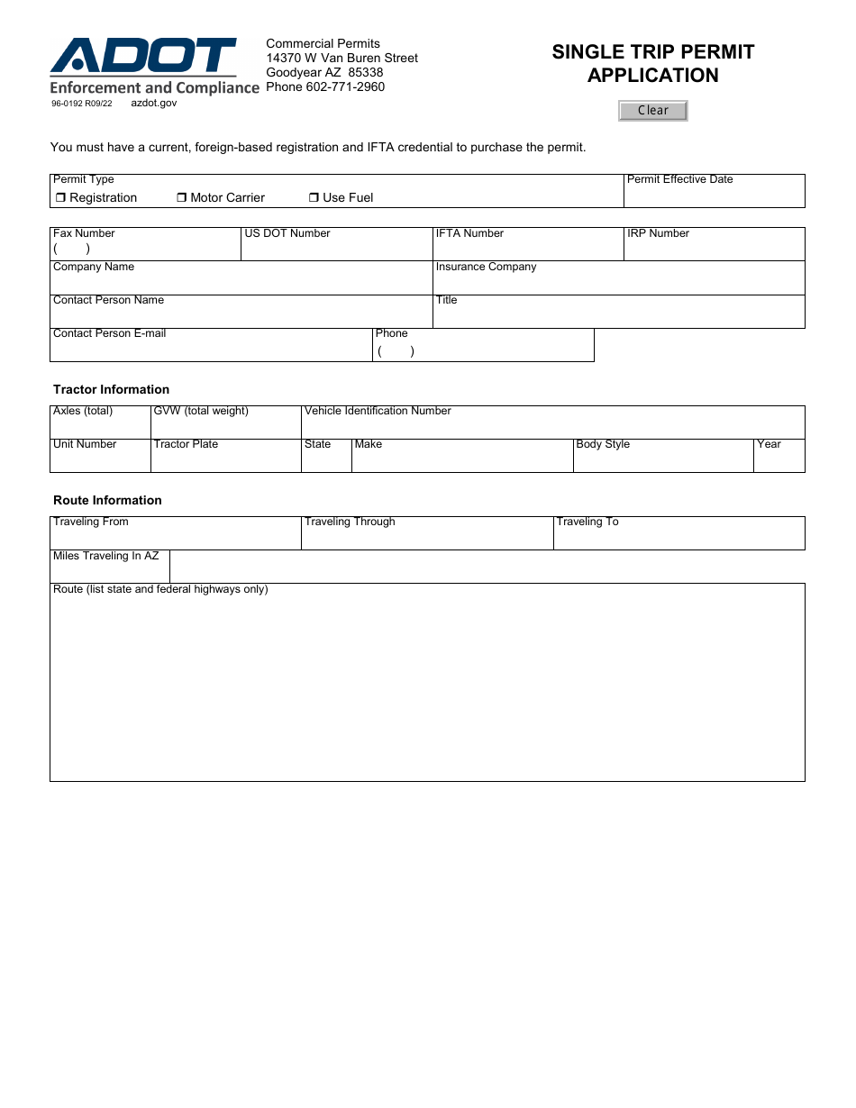 Form 96-0192 Single Trip Permit Application - Arizona, Page 1