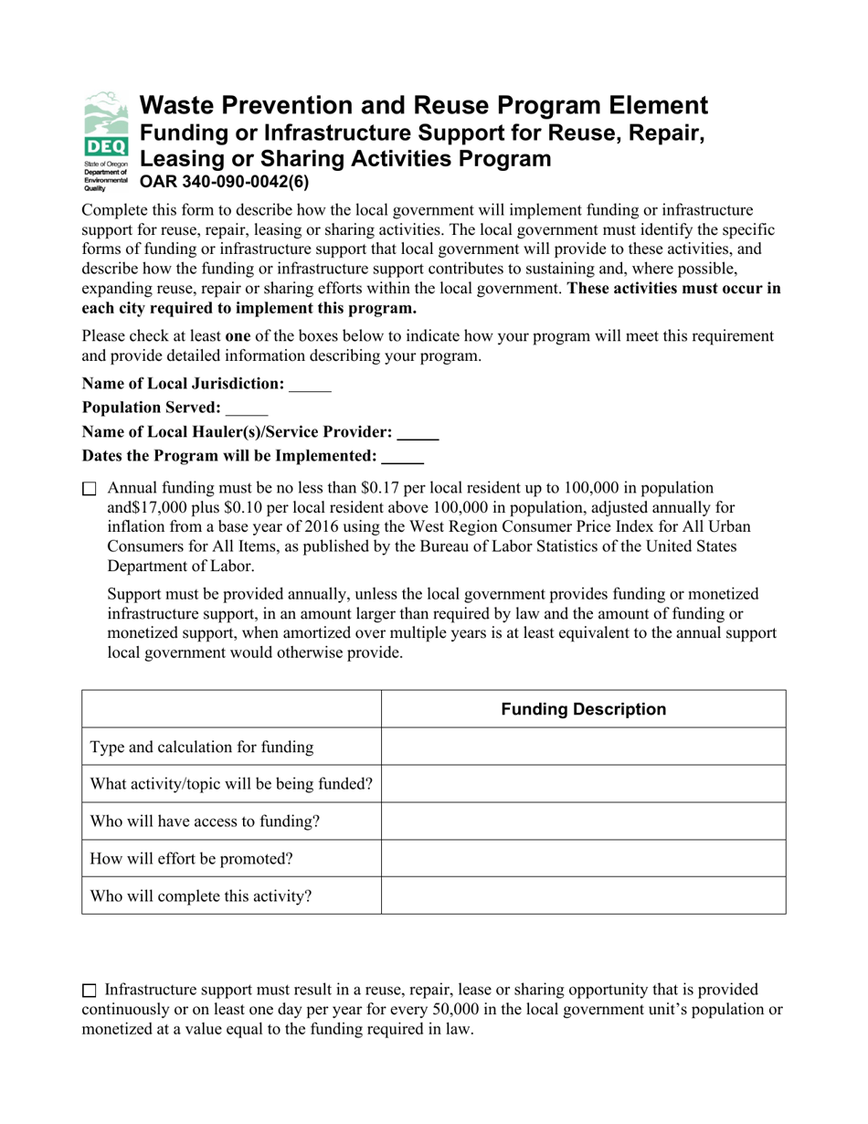 Waste Prevention and Reuse Program Element - Funding or Infrastructure Support for Reuse, Repair, Leasing or Sharing Activities Program - Oregon, Page 1