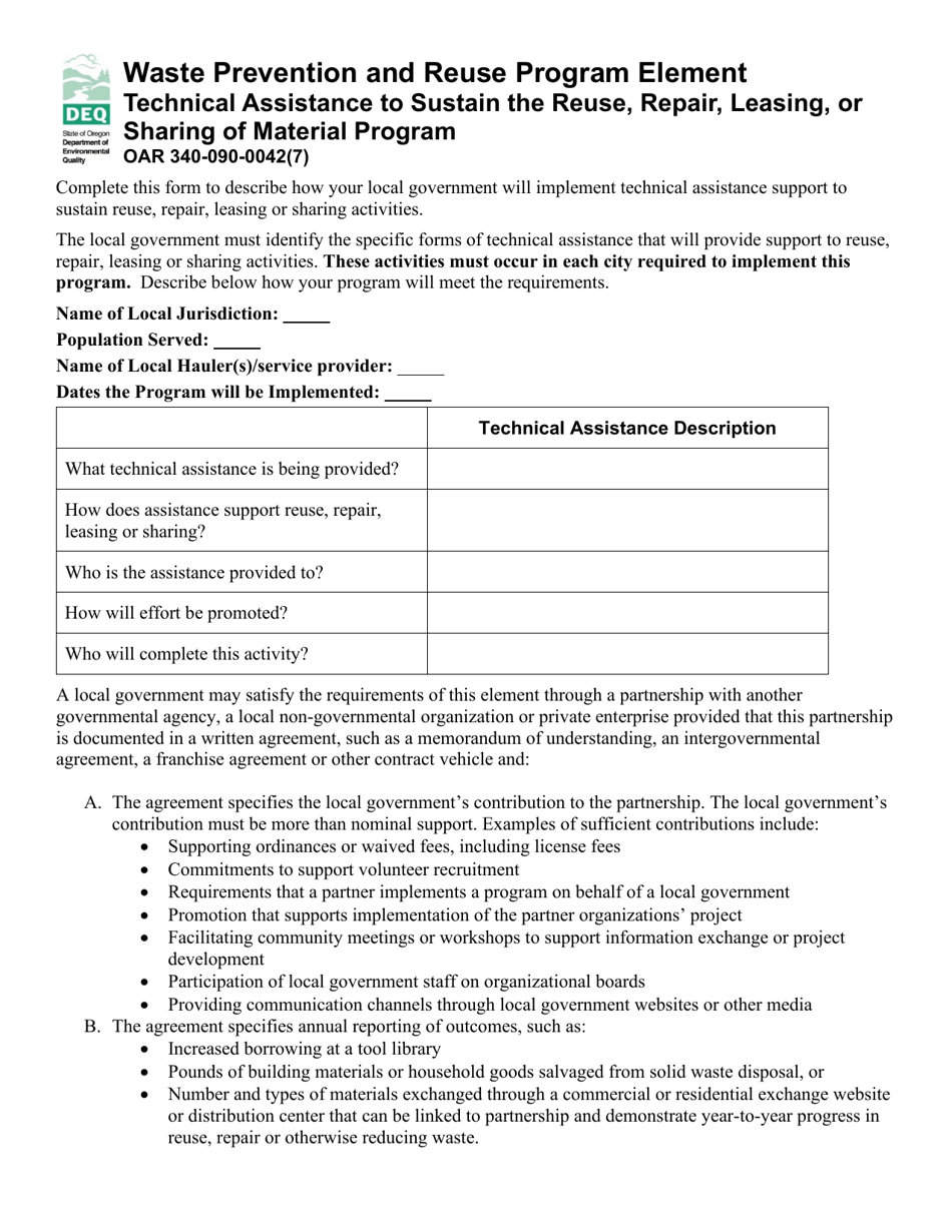 Waste Prevention and Reuse Program Element - Technical Assistance to Sustain the Reuse, Repair, Leasing, or Sharing of Material Program - Oregon, Page 1