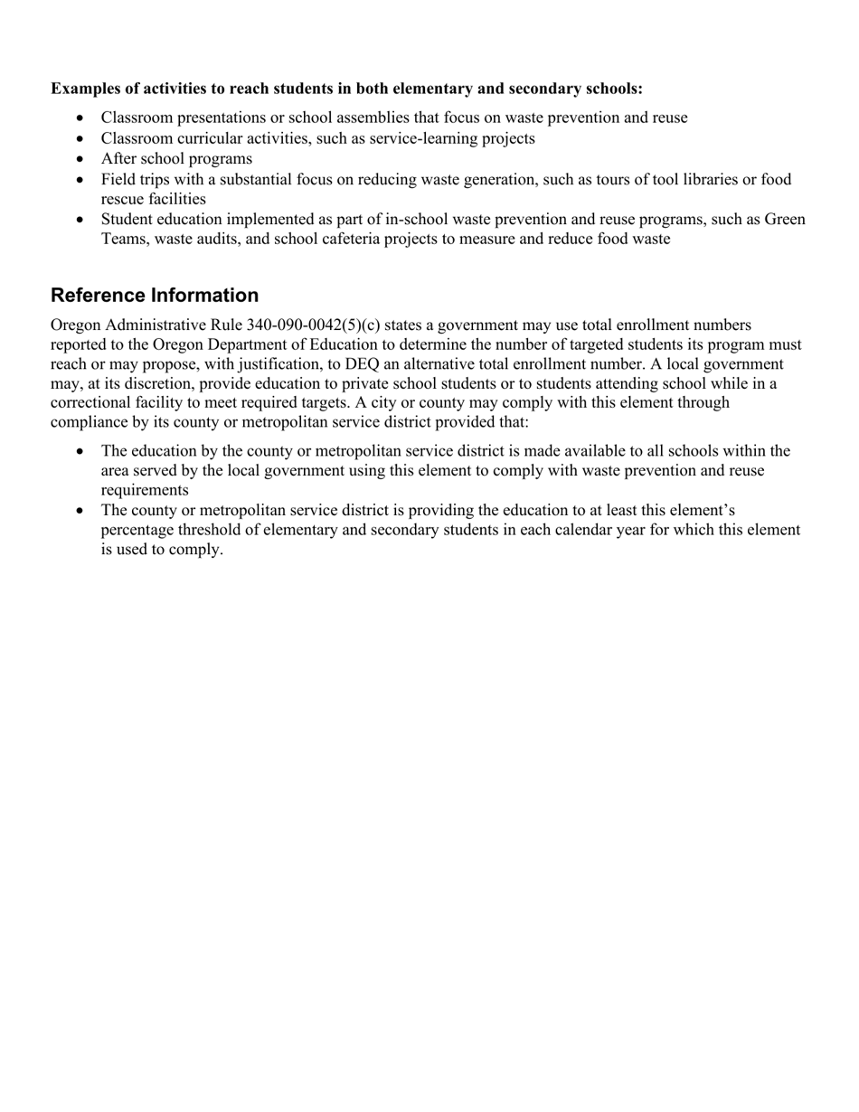 Waste Prevention and Reuse Education in Elementary and Secondary Schools Program Plan - Oregon, Page 2