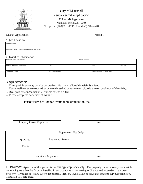 Fence Permit Application - City of Marshall, Michigan Download Pdf