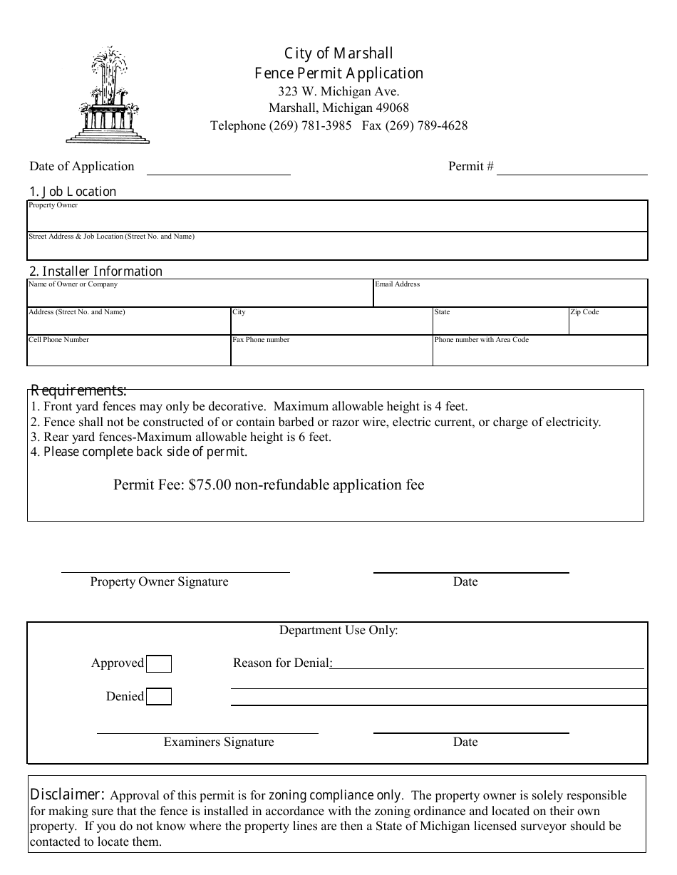 City of Marshall, Michigan Fence Permit Application - Fill Out, Sign ...