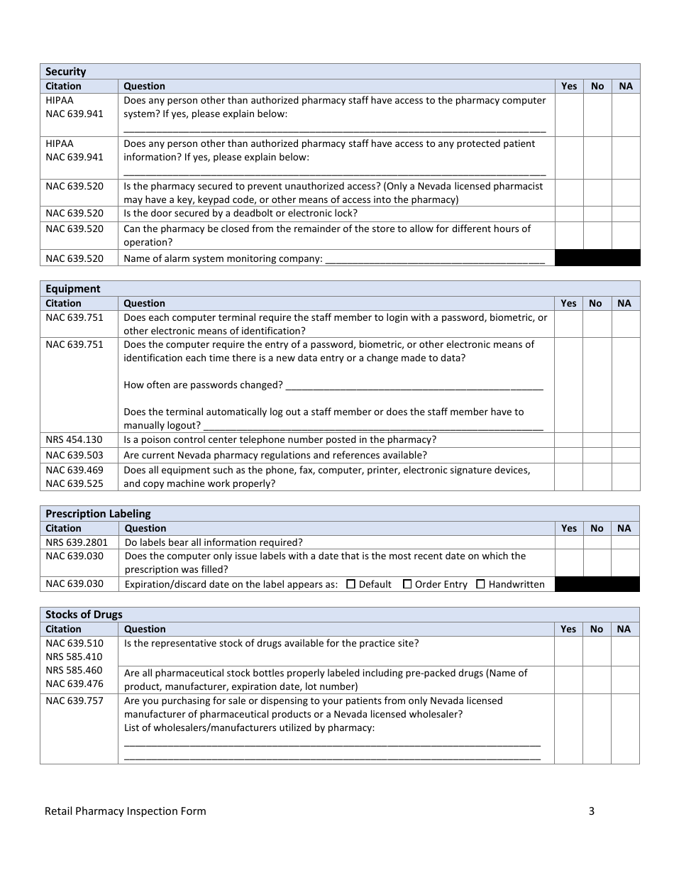 Retail Pharmacy Inspection Form - Nevada, Page 3