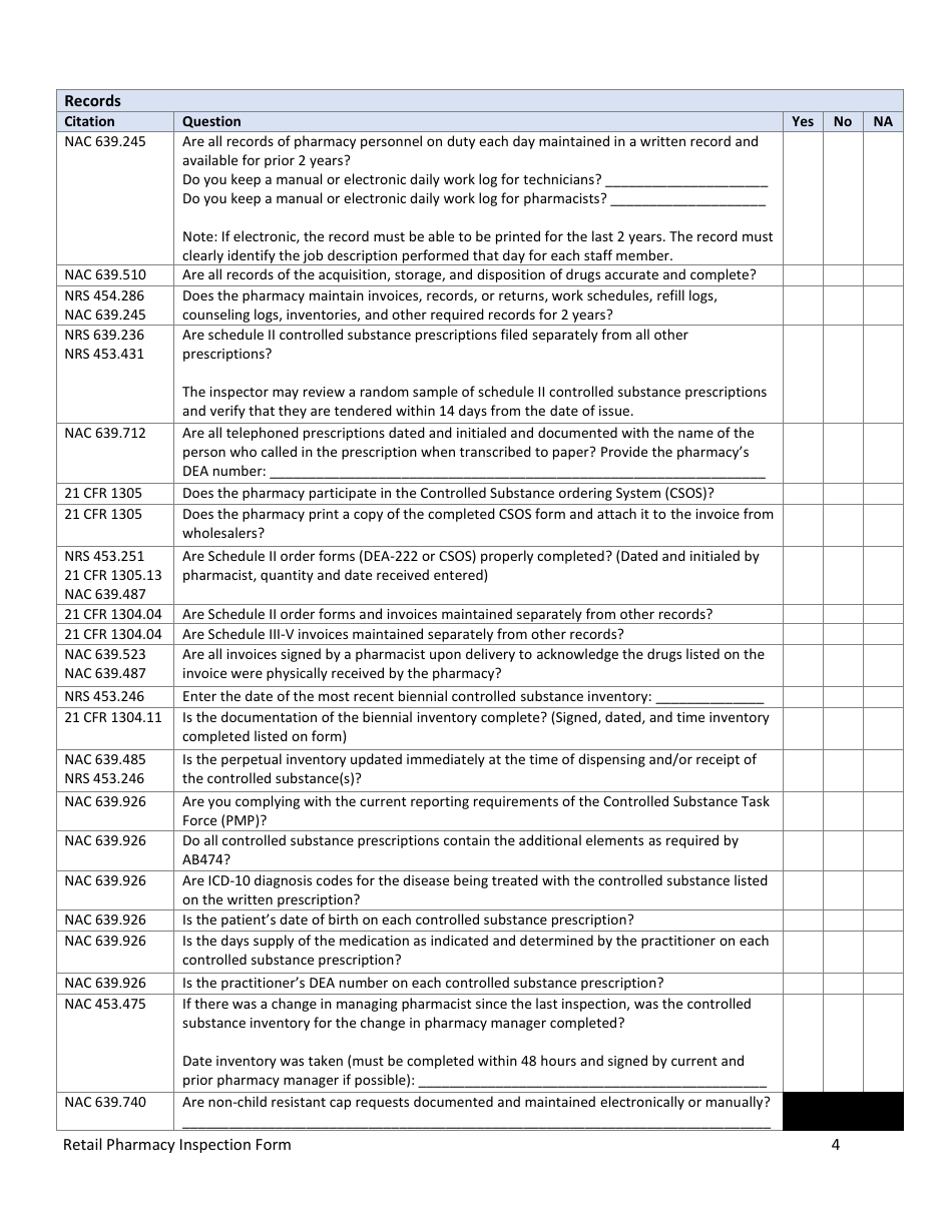 Retail Pharmacy Inspection Form - Nevada, Page 4