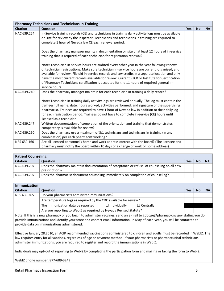 Retail Pharmacy Inspection Form - Nevada, Page 5