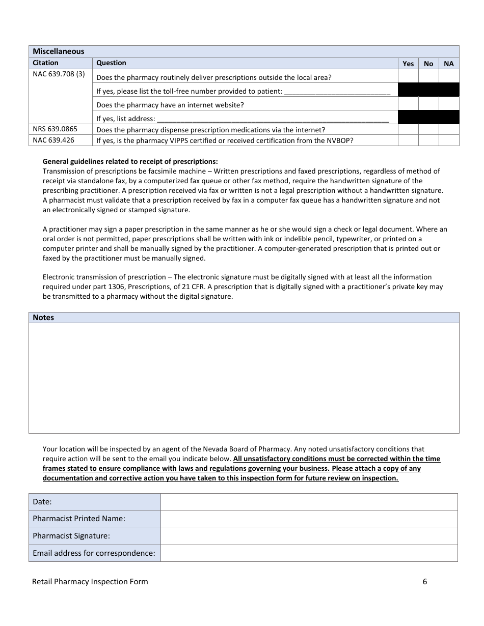 Retail Pharmacy Inspection Form - Nevada, Page 6