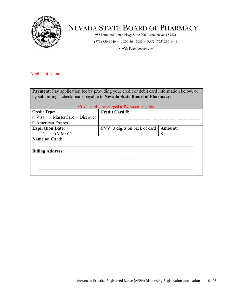 Advanced Practice Registered Nurse (Aprn) Dispensing Registration Application - Nevada, Page 6