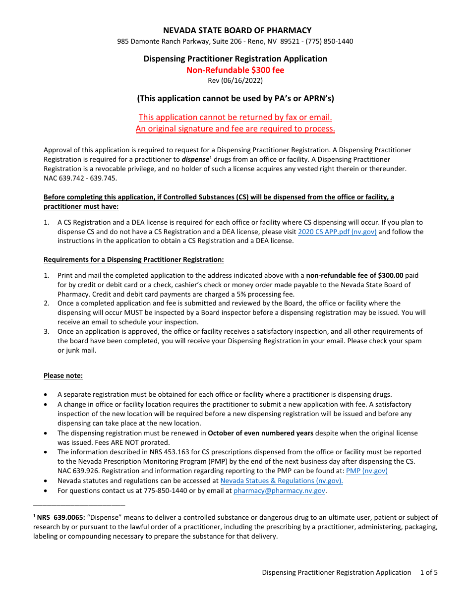 Nevada Dispensing Practitioner Registration Application Fill Out