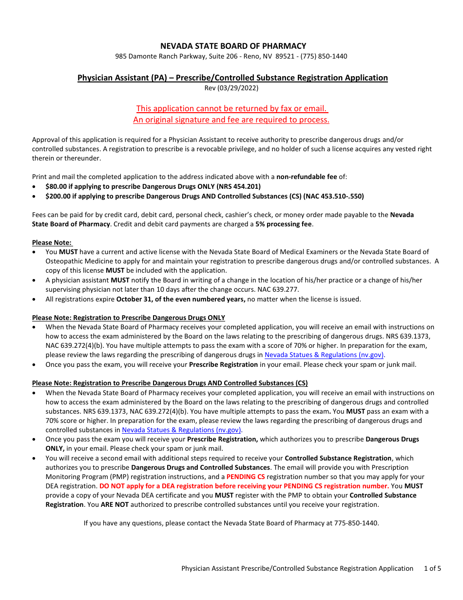 Physician Assistant (Pa) Prescribe / Controlled Substance Registration Application - Nevada, Page 1