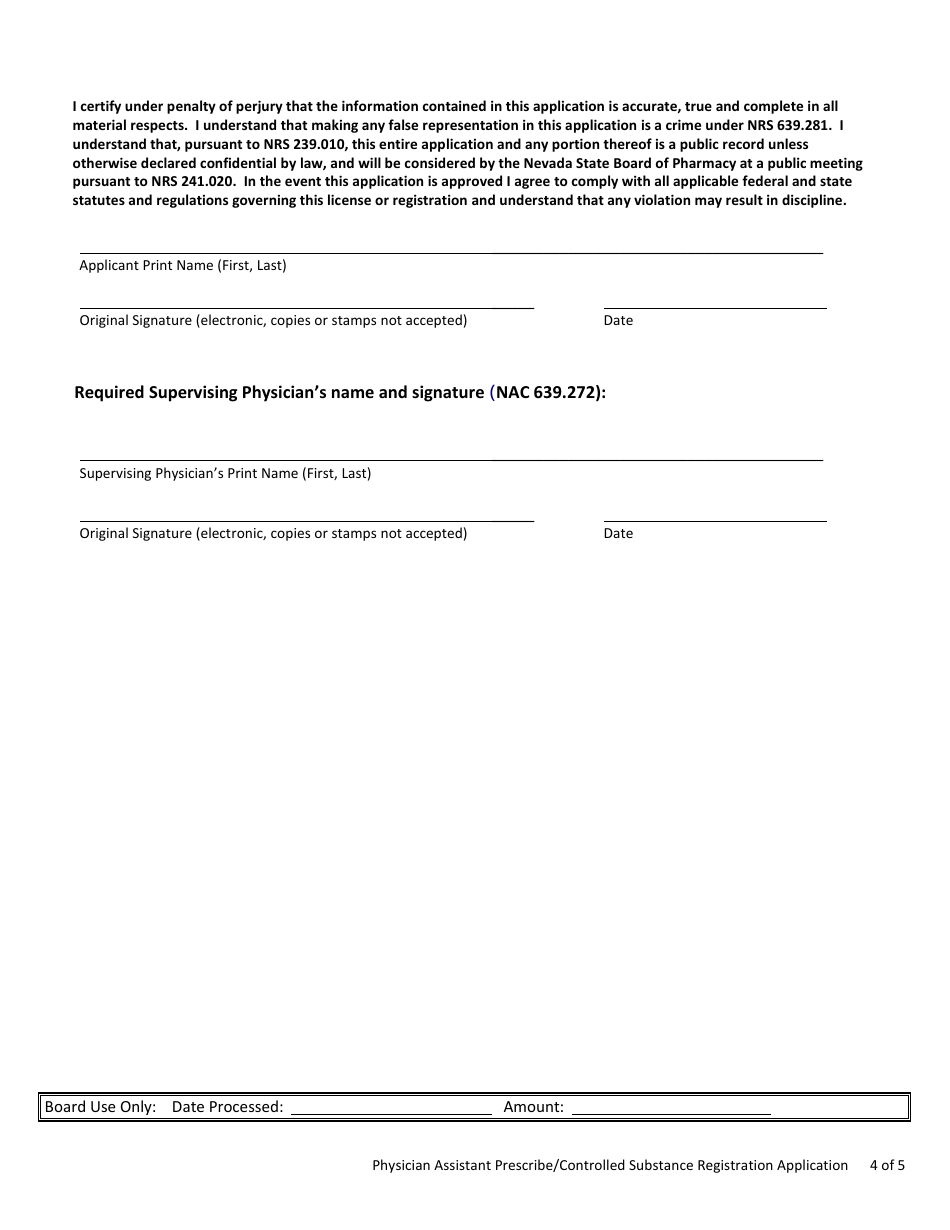 Physician Assistant (Pa) Prescribe / Controlled Substance Registration Application - Nevada, Page 4