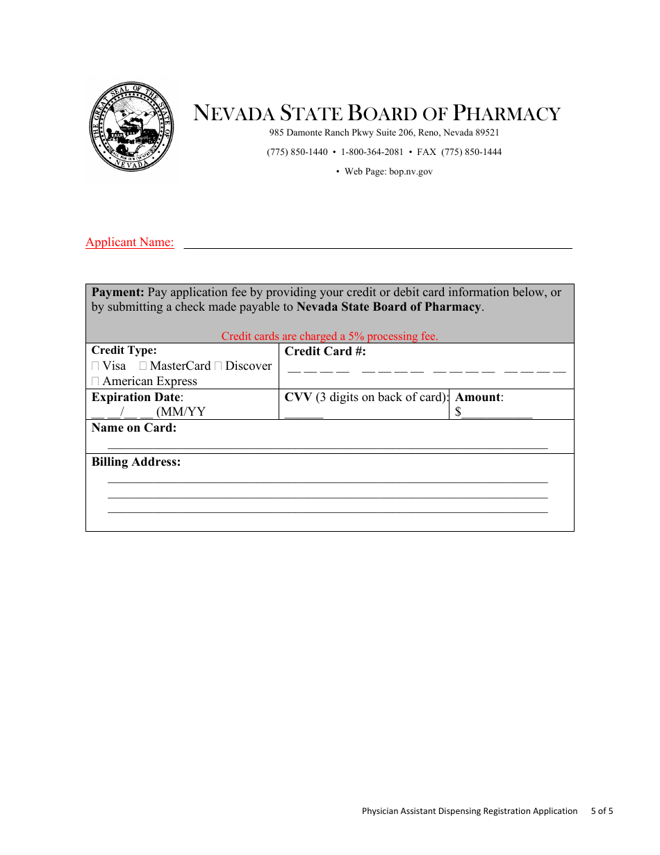 Physician Assistant (Pa) Dispensing Registration Application - Nevada, Page 5