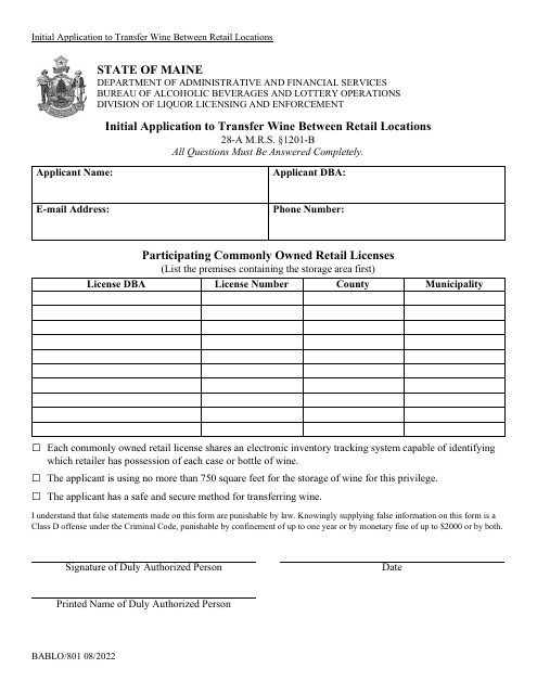 Form BABLO/801 Initial Application to Transfer Wine Between Retail Locations - Maine