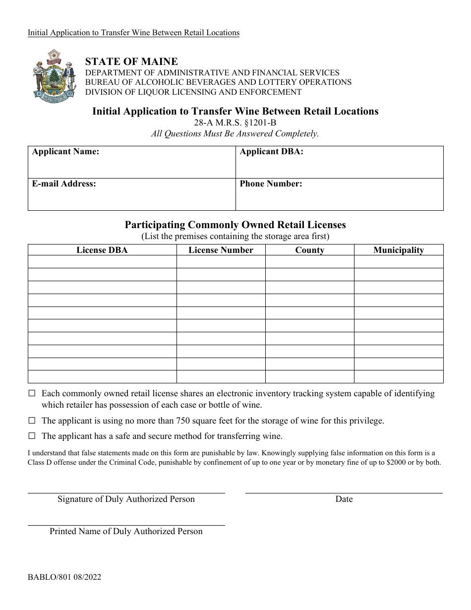 Form BABLO / 801 Initial Application to Transfer Wine Between Retail Locations - Maine, Page 1