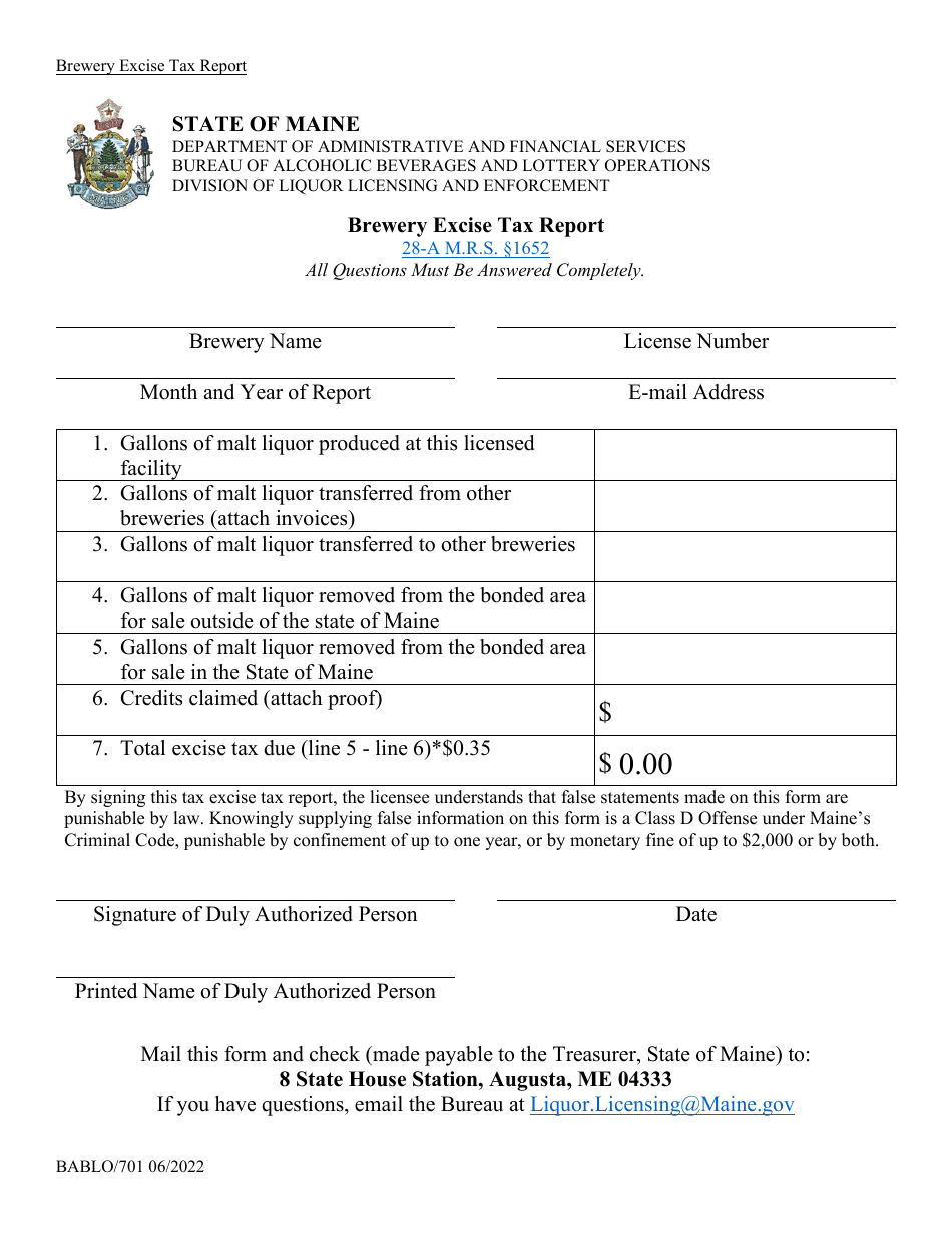 Form BABLO / 701 Brewery Excise Tax Report - Maine, Page 1