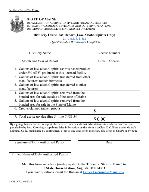 Form BABLO/703 Distillery Excise Tax Report (Low-Alcohol Spirits Only) - Maine