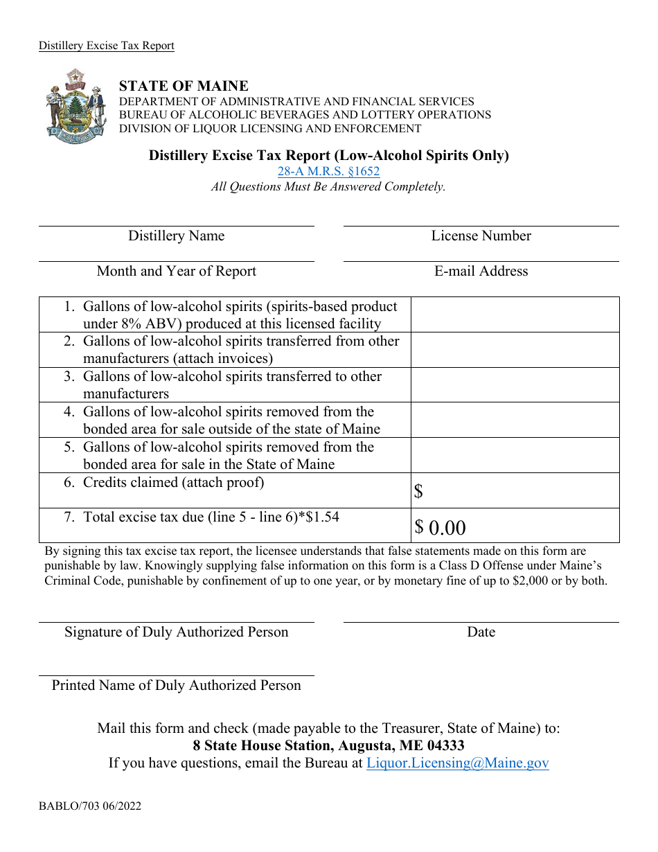 Form BABLO / 703 Distillery Excise Tax Report (Low-Alcohol Spirits Only) - Maine, Page 1