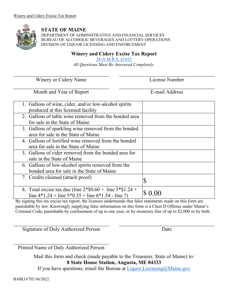 Form BABLO / 702 Winery and Cidery Excise Tax Report - Maine, Page 1