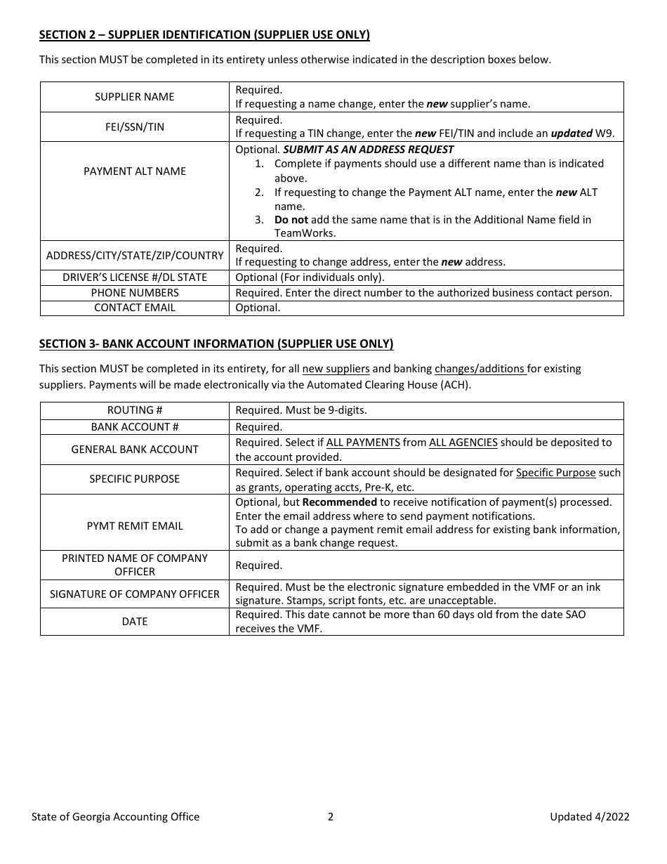Instructions for Supplier (Vendor) Management Form - Georgia (United States), Page 2