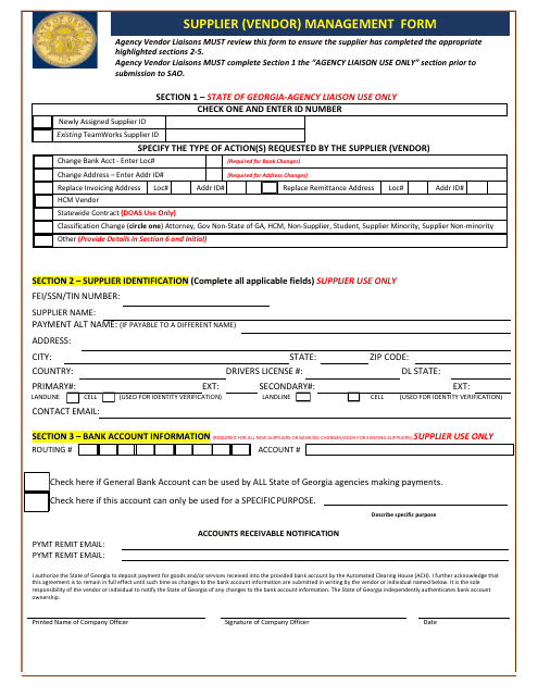 Supplier (Vendor) Management Form - Georgia (United States) Download Pdf