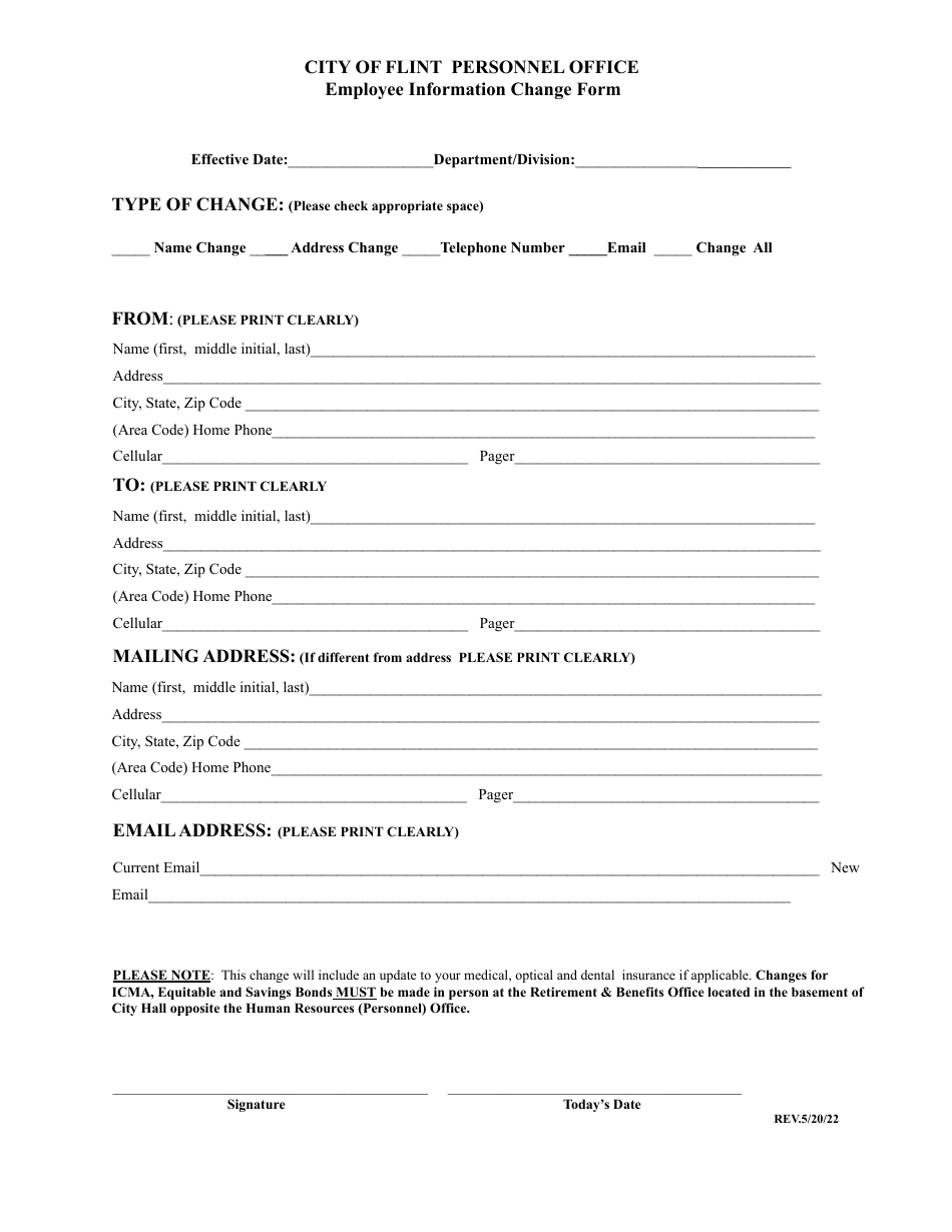 Employee Information Change Form - City of Flint, Michigan, Page 1